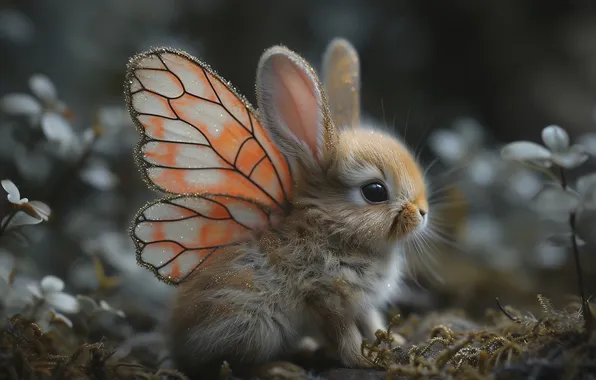 Nature, glade, wings, rabbit, fantasy, cute, flowers, orange