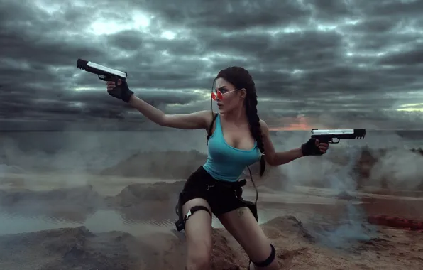 Guns, lara croft, tomb raider, cosplay, Christina Fink, hot springs, Kalinka Fox