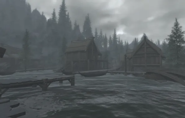 Road, fog, lake, house, boat, mountain, spruce, house