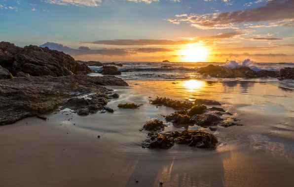 Sea, wave, beach, rocks, splash, Sunrise, morning, beach