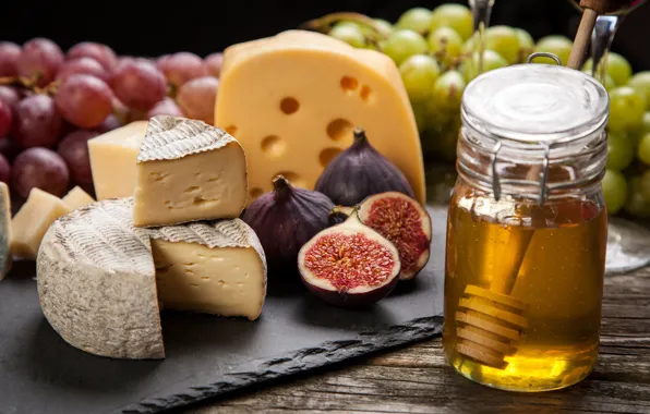 Cheese, honey, grapes, honey, grapes, cheese, figs, figs
