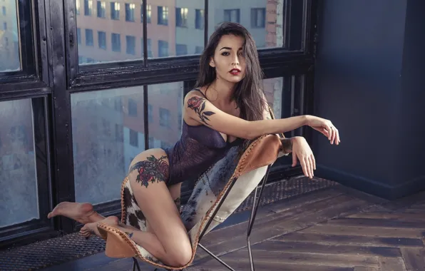 Look, girl, Windows, home, chair, tattoo, Anastasia Ivlieva, Anastasiya Ivleeva