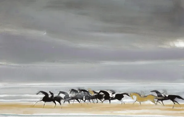 Clouds, landscape, picture, the herd, Andre Brasilier, Horses on the Beach