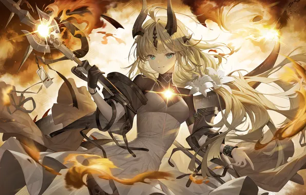 Girl, magic, fantasy, horns, staff, Arknights, Reed