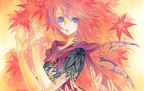 Picture autumn, leaves, girl, anime, scarf, art, tattoo, who