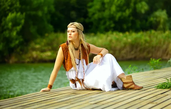 Look, girl, lake, background