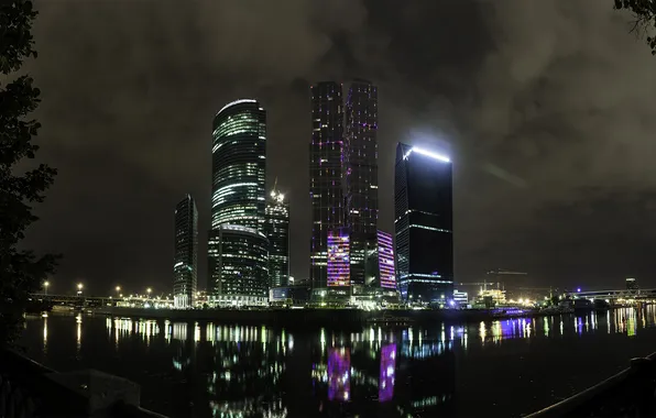 Night, city, river, skyscrapers, moscow, Moscow city