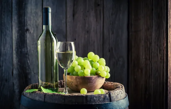 Picture white, wine, grapes, barrel, a glass of wine