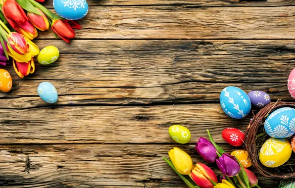 Colorful, Easter, tulips, wood, flowers, tulips, spring, Easter