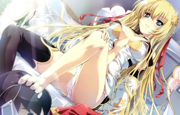Chest, girl, panties, stockings, barefoot, blush, blue eyes, long hair