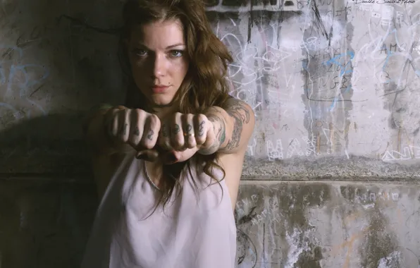 Look, the inscription, Girl, tattoo, fists