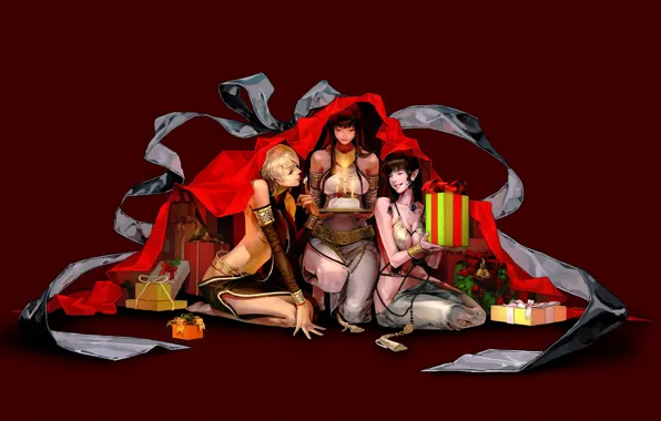 Girl, gift, candles, cake, simple background