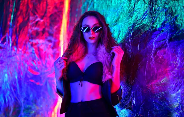 Chest, girl, pose, neon, glasses, bra, Dmitry Medved, Victoria Khudyakova