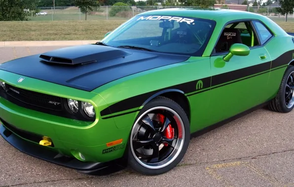 Machine, auto, asphalt, the city, green, color, Dodge, Challenger