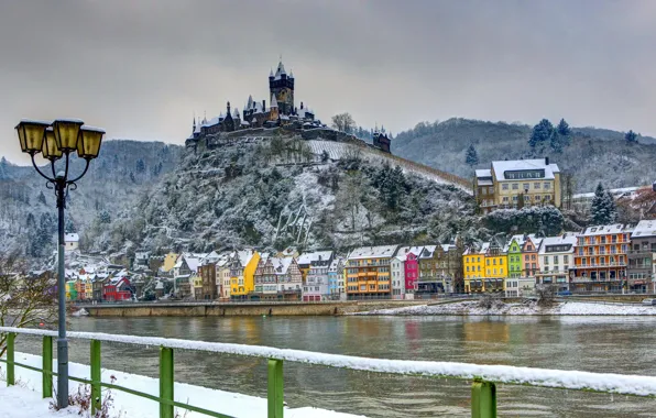 Winter, snow, river, castle, home, Germany, lights, fortress