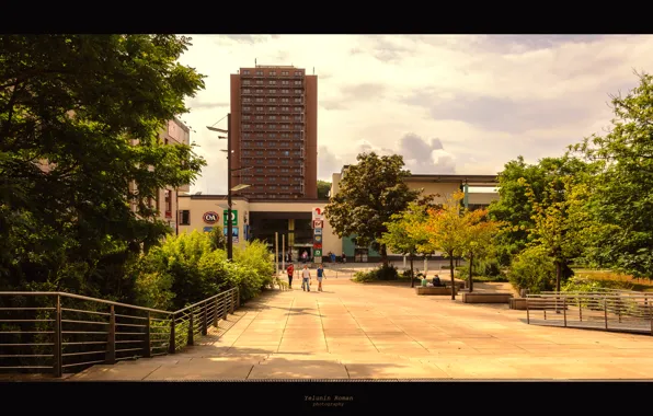 Road, summer, the sky, clouds, trees, the city, house, people