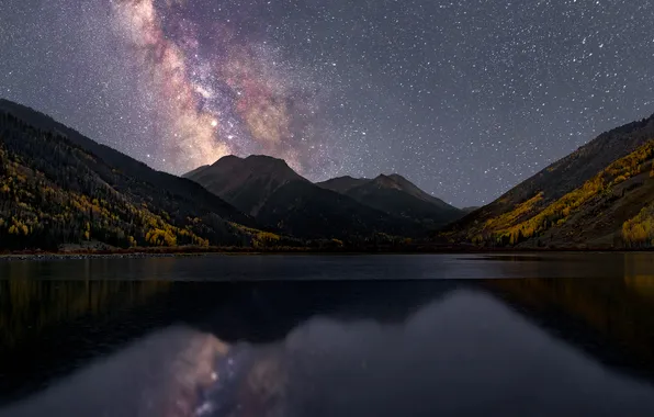 Autumn, forest, stars, mountains, night, lake, darkness, reflection