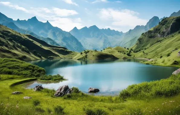 Greens, summer, grass, clouds, landscape, mountains, nature, lake