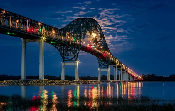 Night, bridge, lights, river, Canada, Canada, Quebec, QC