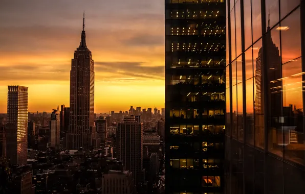 Picture the sun, reflection, sunrise, New York, USA, skyscrapers, Manhattan, lights.morning