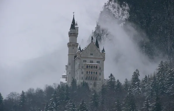 Winter, the sky, snow, trees, mountains, fog, castle, Germany