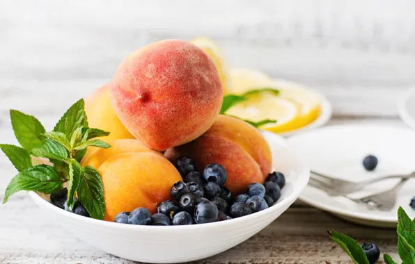 Picture berries, blueberries, bowl, fruit, peaches