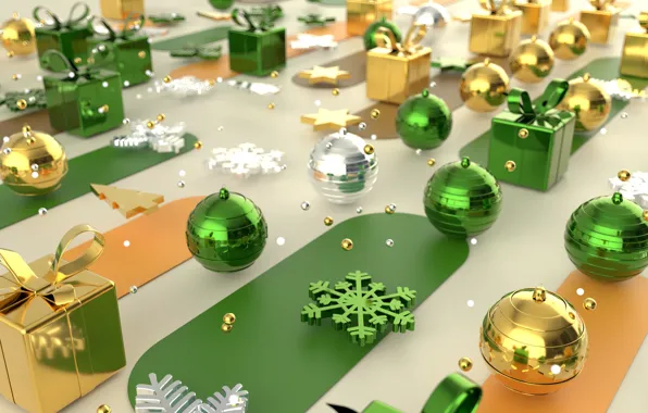 Balls, snowflakes, rendering, holiday, graphics, green, Christmas, gifts
