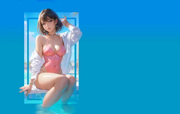 Kawaii, girl, hot, sexy, wet, sexy girl, stretch, blue