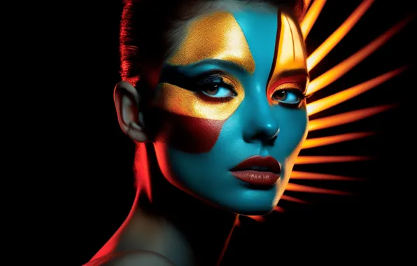 Girl, face, paint, portrait, makeup, black background, painting, body painting