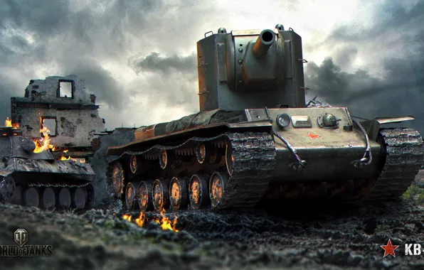 Picture fire, power, dirt, art, the ruins, tank, USSR, heavy