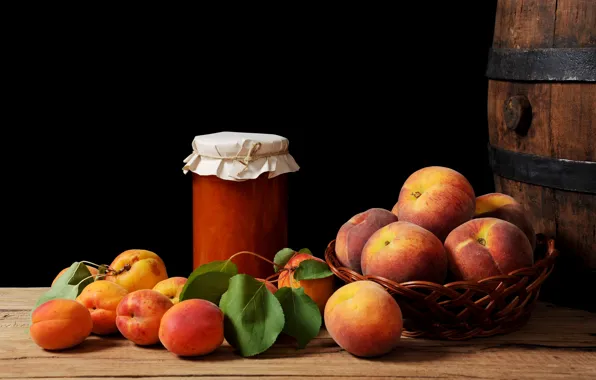 Still life, basket, peaches, jam, apricots