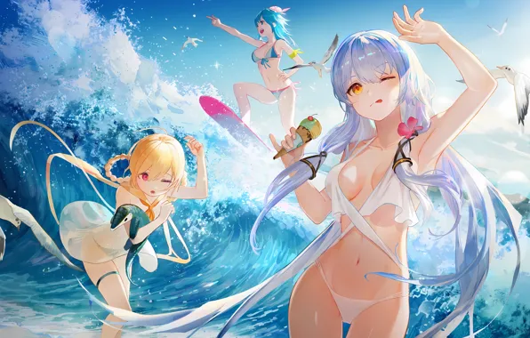 Sexy, cleavage, Vocaloid, sky, long hair, legs, sea, girls