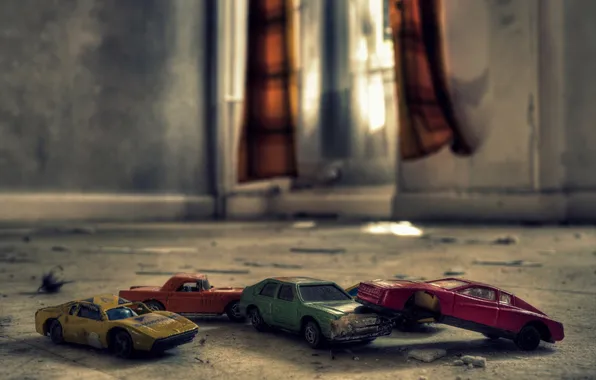 Picture room, toys, window, curtains, cars, sunlight