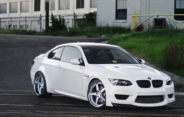 Picture white, lawn, the building, bmw, BMW, white, wheels, drives