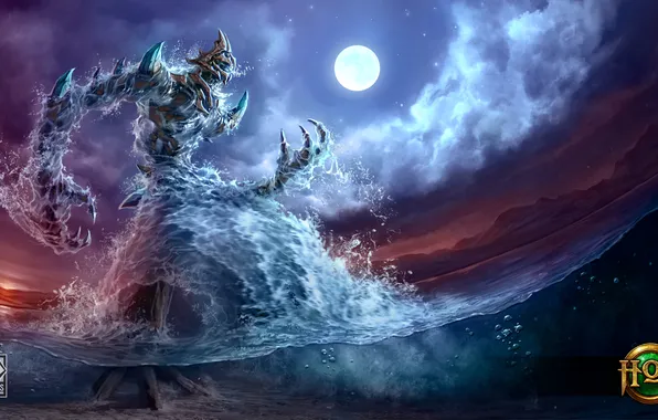 Sea, water, clouds, the moon, the bottom, the full moon, Heroes of Newerth, riptide