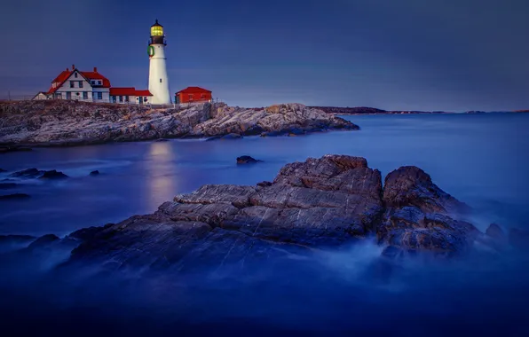 Sea, the sky, house, stones, rocks, lighthouse, the evening