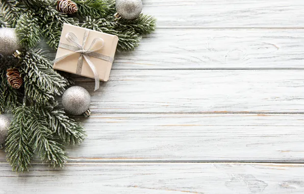 Picture white, branches, background, gift, balls, silver, new year, ate
