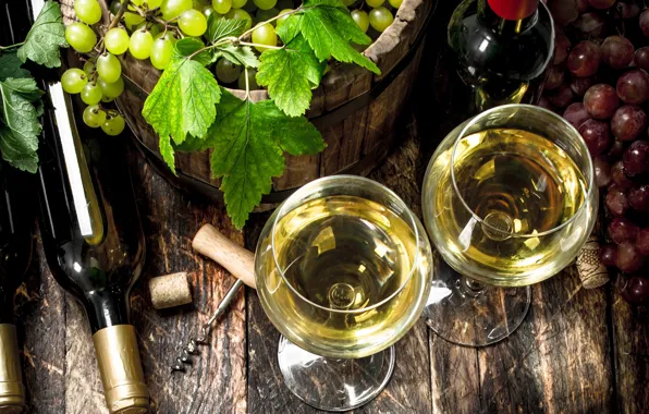 Leaves, wine, Board, glasses, grapes, tube, bottle, barrel