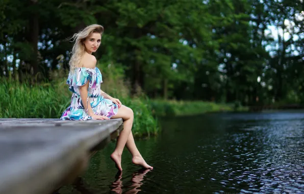 Picture summer, look, water, girl, nature, barefoot, dress, blonde