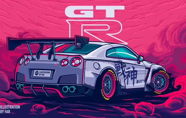 Picture car, Nissan, smoke, digital art, artwork, Nissan GT-R, vehicle, illustration