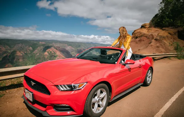Road, girl, mountains, Mustang, Ford, convertible, Ford Mustang