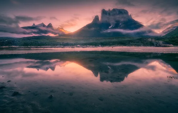 The sky, the sun, clouds, mountains, fog, lake, reflection, dawn