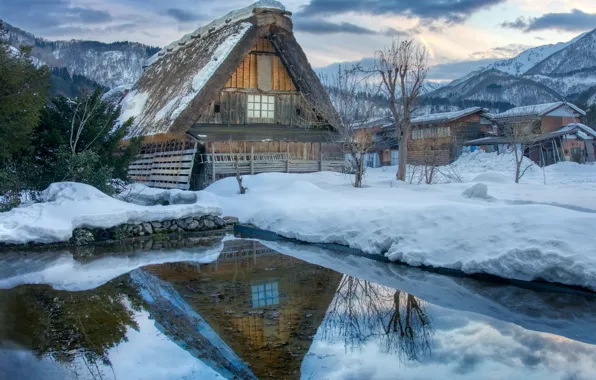 Winter, water, snow, clouds, house, village, Japan, Shirakawa-go