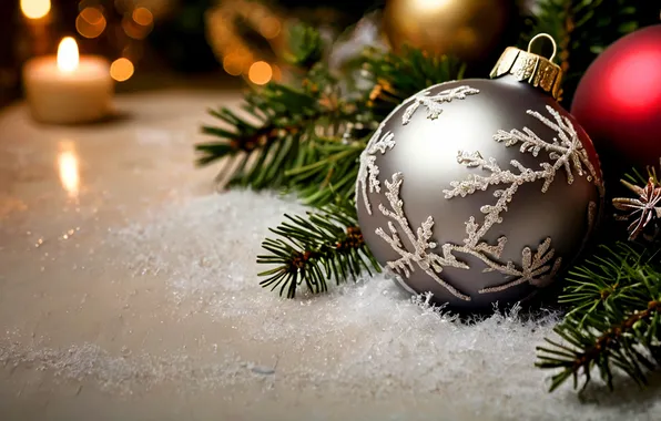 Winter, balls, snow, branches, pattern, new year, candle, ball