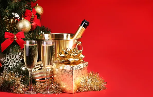 Picture decoration, gift, tree, New Year, glasses, champagne