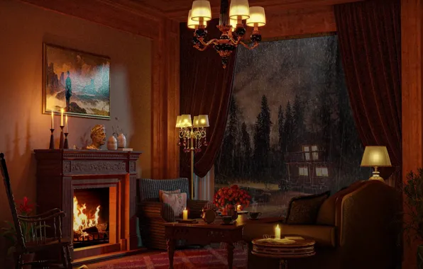 Rain, saloon, palace, fireplace