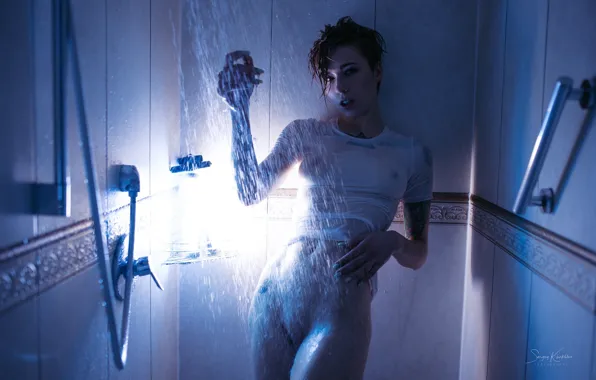 Water, girl, pose, wet, figure, t-shirt, shower, Sergey Khakhlev