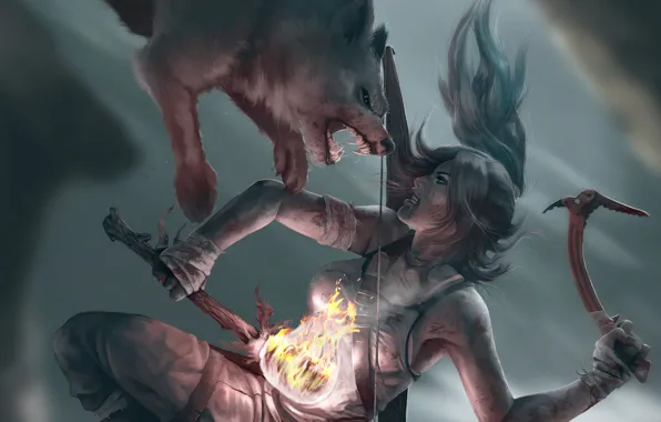 Girl, face, weapons, fire, hair, wolf, predator, mouth