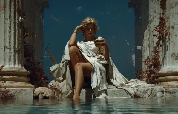 Barefoot, short hair, women, blonde, goddess, sitting, feet, closed eyes