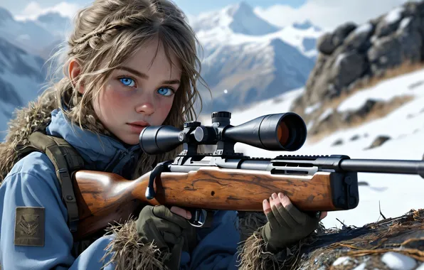 Picture girl, mountains, snow, sniper, sniper rifle, ai art